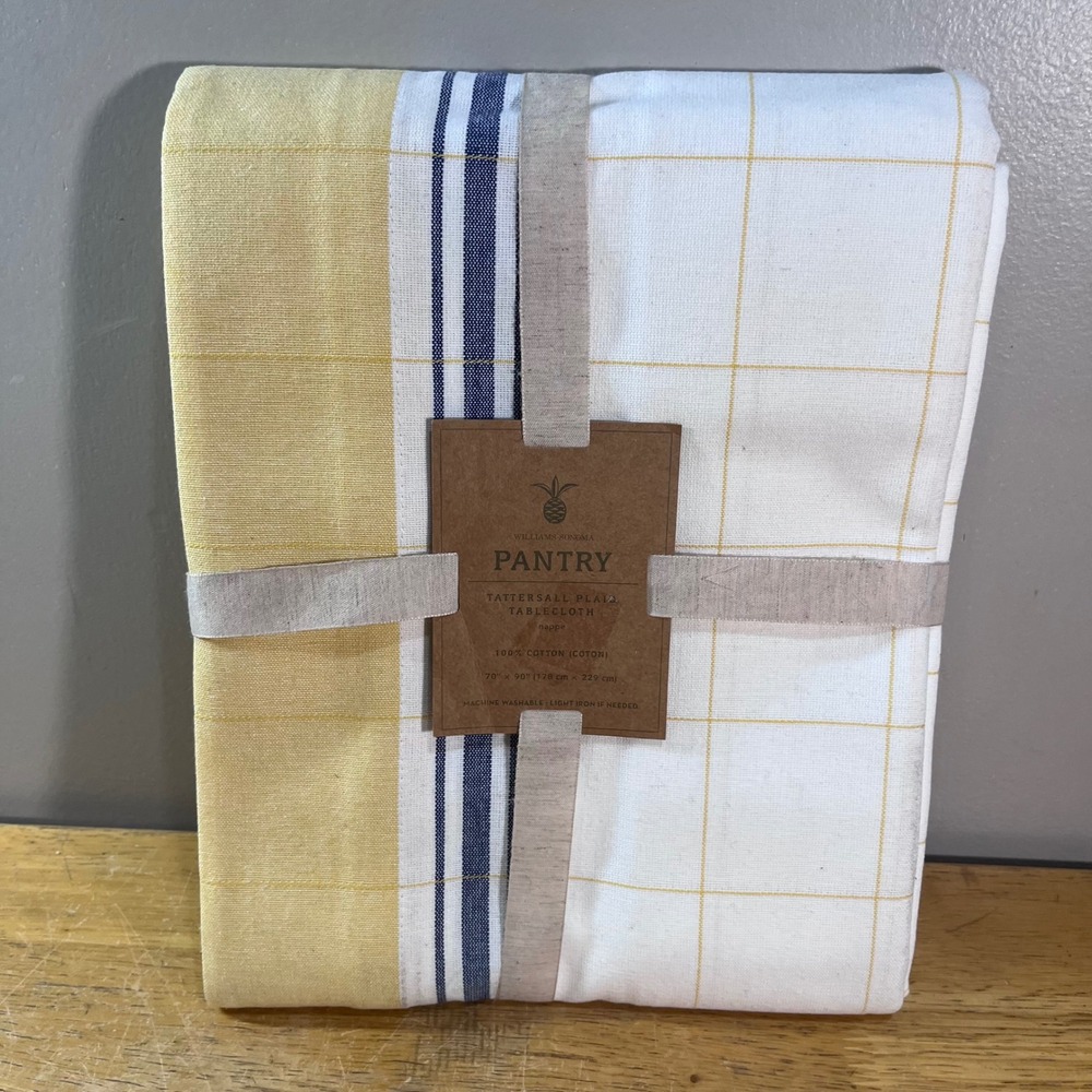 Williams Sonoma Tablecloth 70x90 Yellow White Blue Tattersall Plaid Cotton